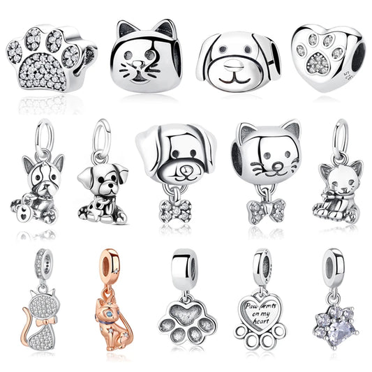 Original 925 Sterling Silver Charms Love Pets Dog Cat Paw Print Pendant Beads Fit Brand Bracelets Necklaces Women DIY Jewelry