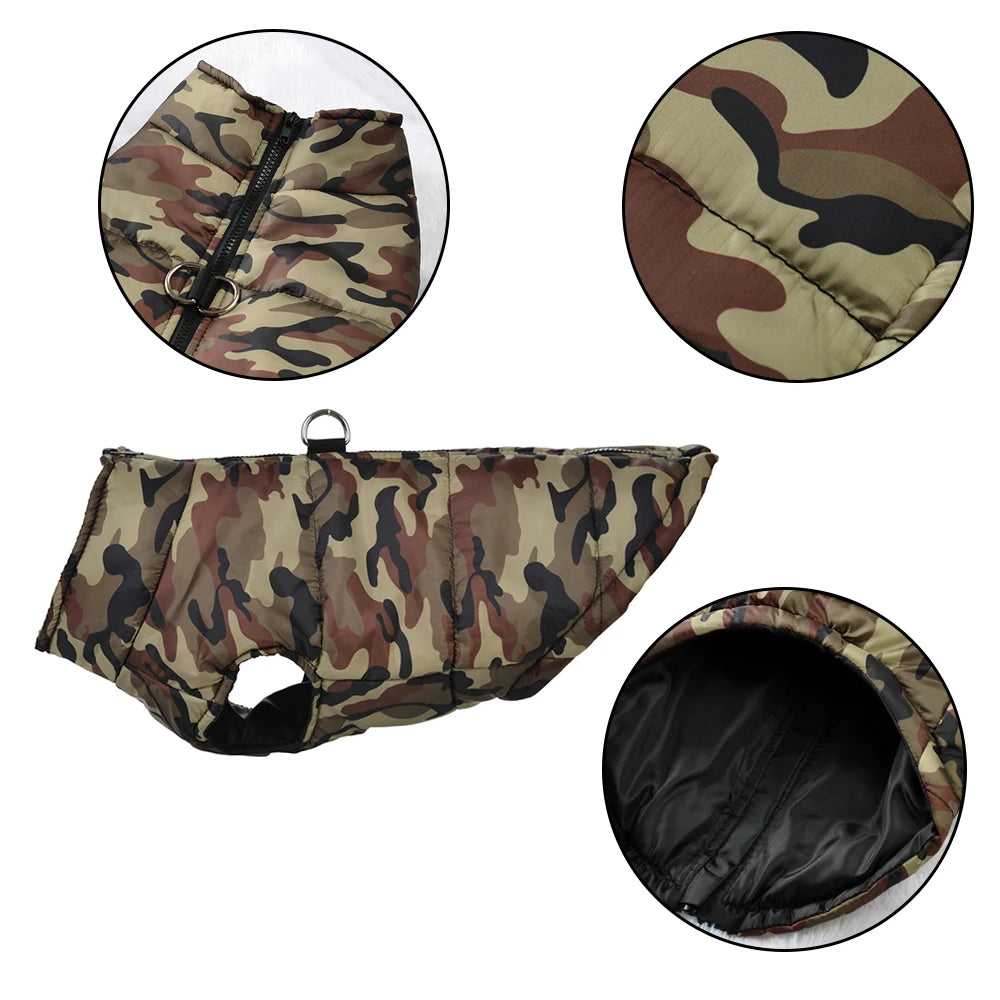 the CAMO COLDFRONT JACKET - Winter Dog Clothes for Medium/Large Dogs, Jacket Waterproof Labrador Coat, Camouflage Print Golden Retriever Outfits, Pet Costume