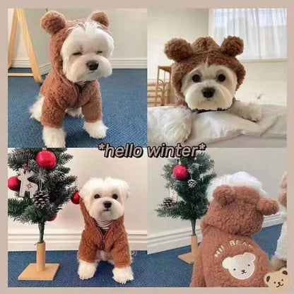 Cute Cartoon Bear Pattern Plush Dog Hoodie with Hat Zipper Cats Coat Jackets Warm Pet Clothes for Large Small Pet