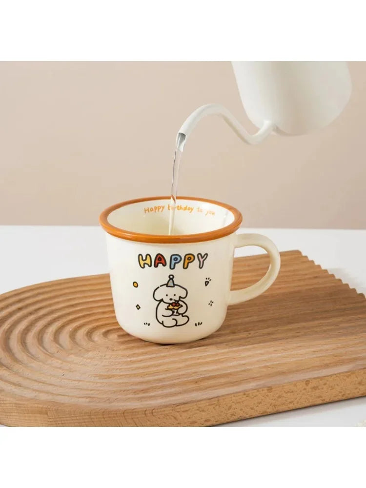 1Pcs Ins Cute Happy Bear Ceramic Mug Kawaii White Puppy Cartoon Coffee Mug Fashion Vintage Afternoon Tea Cup Pair Couple Gift