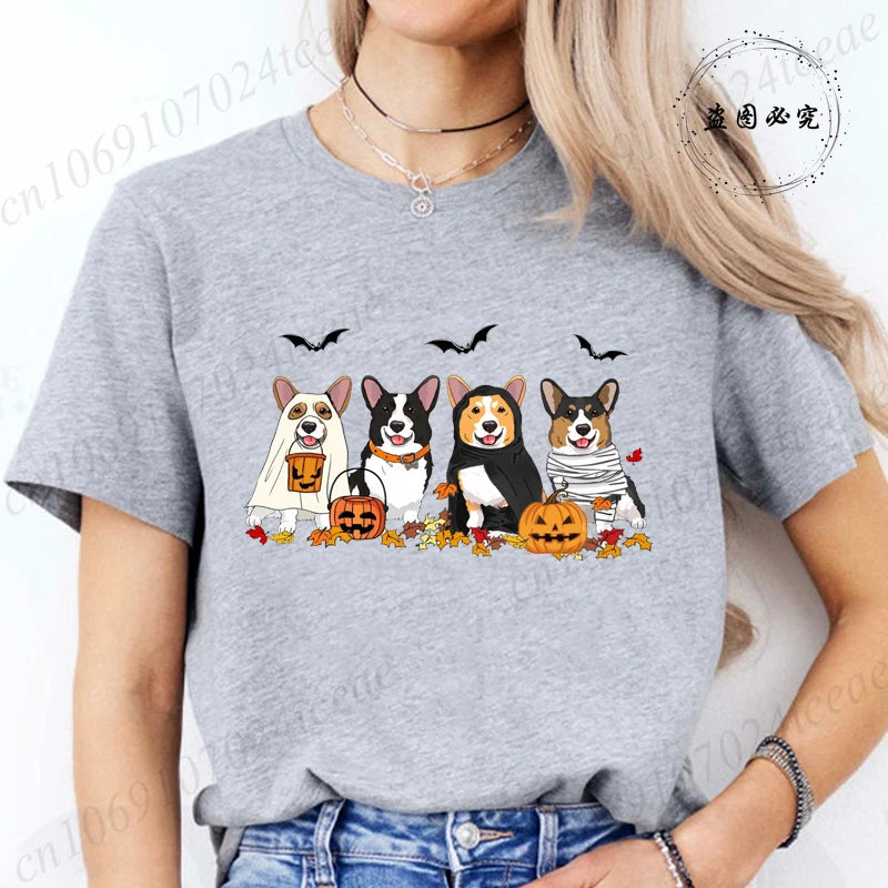 the COSTUME CANINES - Halloween Dog Fashion T-Shirt Tops, Women Harajuku Graphic Tees, Shirt Femme Corgi Dogs Halloween Women's T-Shirt