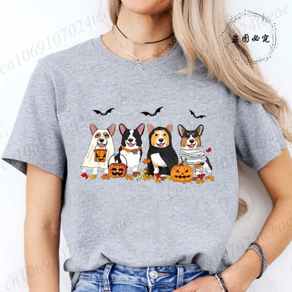 the COSTUME CANINES - Halloween Dog Fashion T-Shirt Tops, Women Harajuku Graphic Tees, Shirt Femme Corgi Dogs Halloween Women's T-Shirt