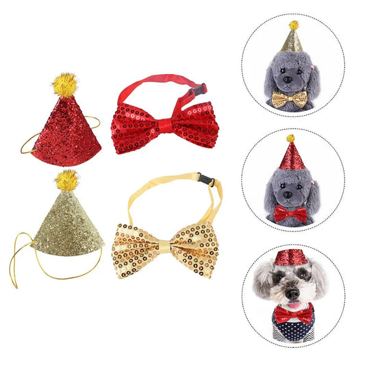 the GOLD/RUBY BIRTHDAY DOG - 4PCS Pet Birthday Hat, Bow Tie Set for Small/Medium Dogs & Cats, Shiny Sequins Party Accessories, Pet Dog Birthday Hat Set
