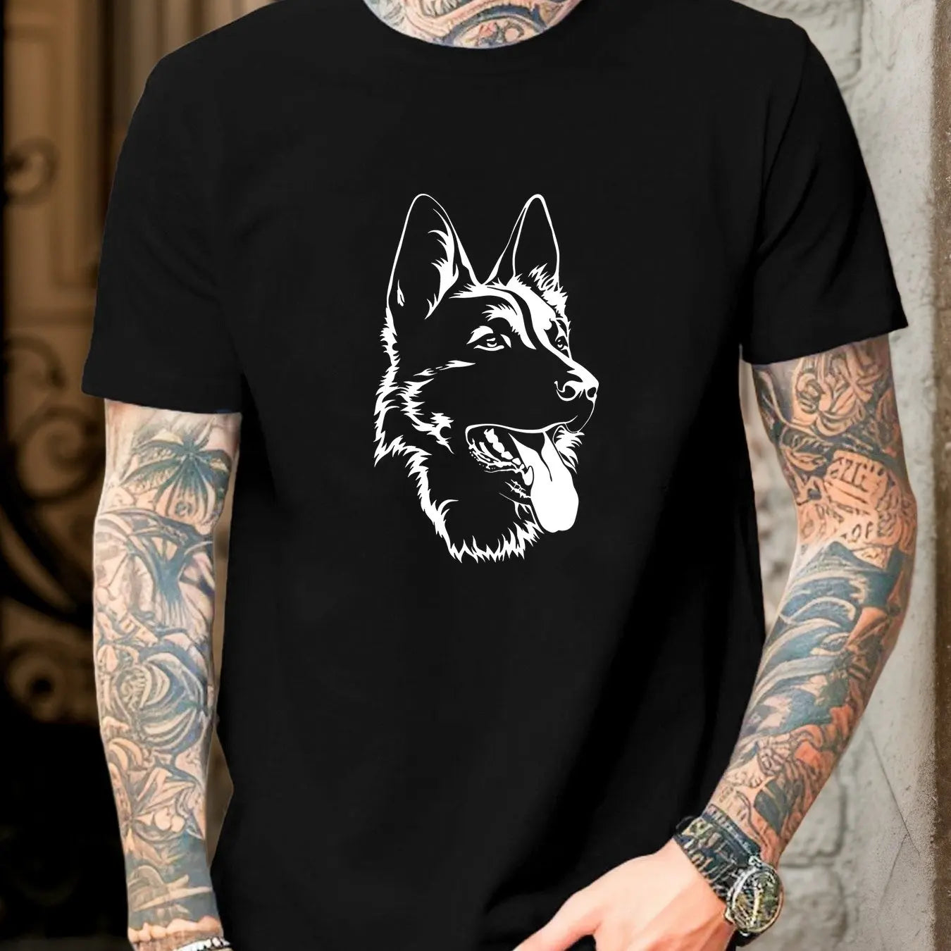 the SHEPHERD SILHOUETTE - Men German Shepherd Graphic Cotton T-Shirt - Casual Crew Neck Short Sleeve Summer Tee with Dog Print, Men Clothing