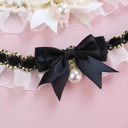 the PEARL COLLAR - Cute Dog Collar, Lace Bowknot Pearl Cat/Dog Necklace, Sweet Neck Decoration, Elegant Gentle Puppy Necktie, Kitten Bibs, Pet Supplies