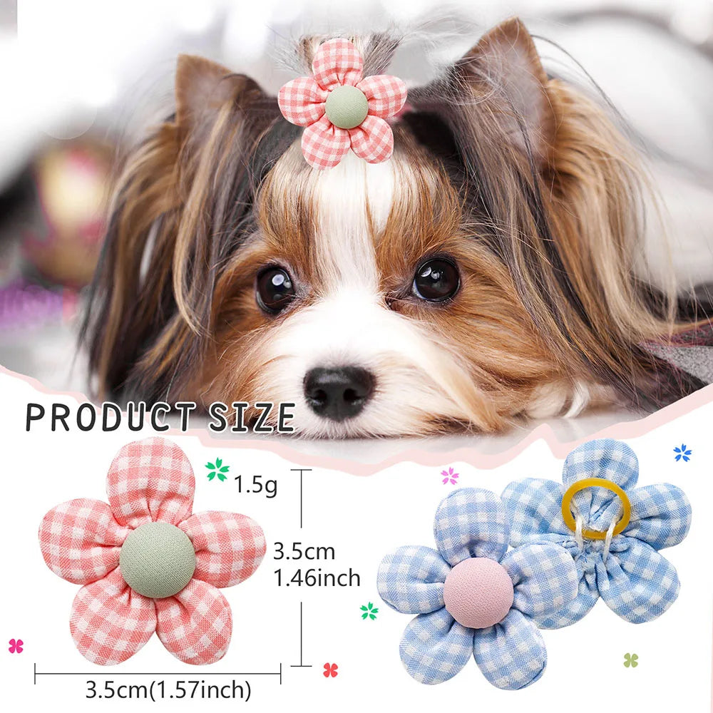the FLOWER BOW - 10PCS Flower Shape Pet Hair Accessories for Dogs/Cats, Hair Decoration Flowers Rubber Bands, Bulk Puppy Grooming Accessories