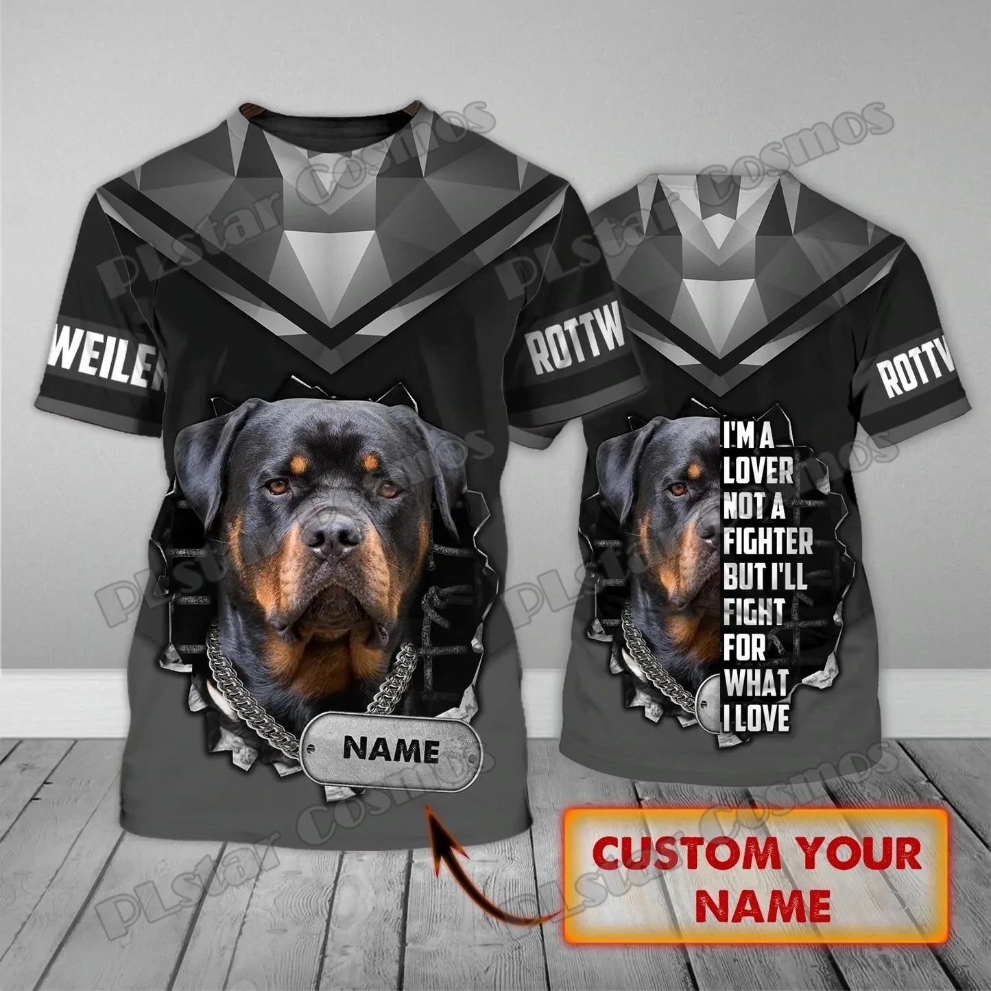 the ALPHA ROTTWEILER - Personalized Name Rottweiler Never Walk Alone 3D Printed Men's T-Shirt, Summer Casual Unisex Tee Shirt, Gift for Dog Lovers