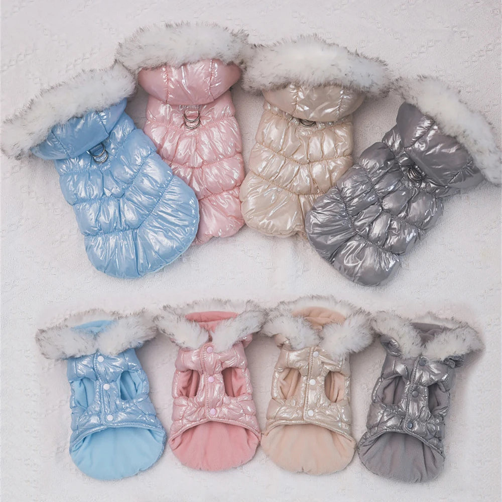 the PUFFY PRINCESS - Fashion Winter Dog Down Jacket, Warm Fleece Pet Coat for Small Dogs, Yorkshire Shih Tzu Luxury Fur Collar Puppy Clothes Outfits