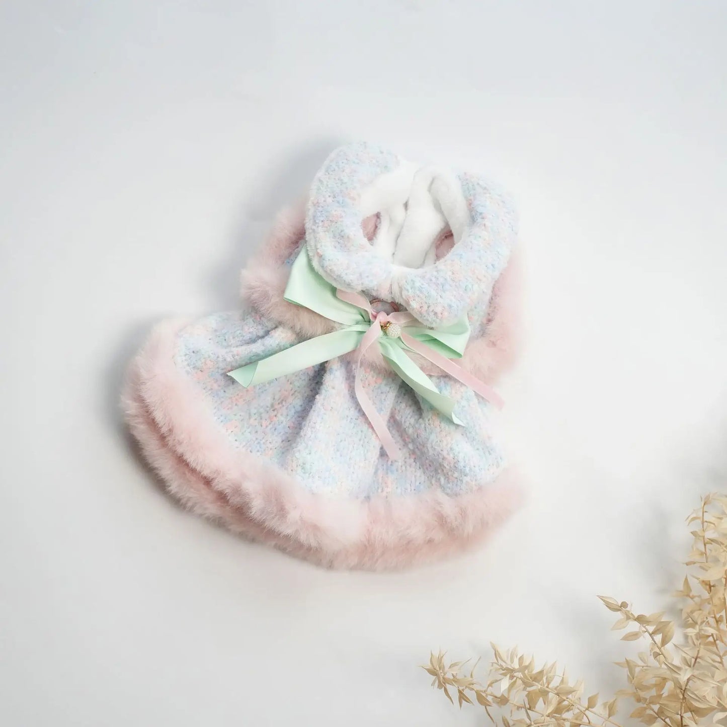 Pet Colorful Bow Set Skirt Autumn/Winter Bow Plush Coat Dress Warm Clothes Teddy Clothes Puppy Clothes for Small Dogs