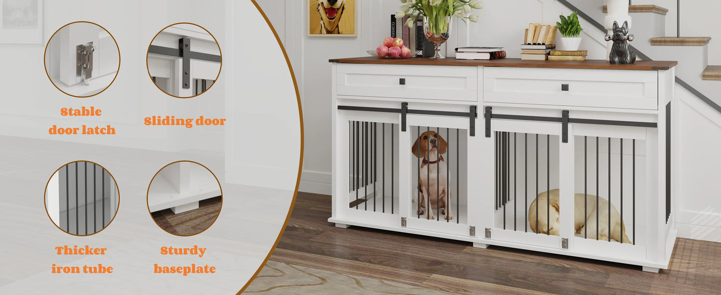 the DOG SPACE - 63 Inch Wooden Double Dog Crate with 2 Drawers and Sliding Door