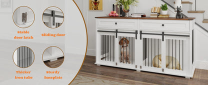 the DOG SPACE - 63 Inch Wooden Double Dog Crate with 2 Drawers and Sliding Door