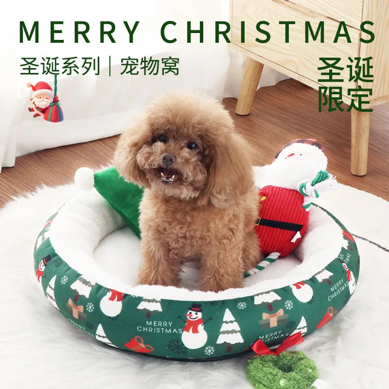 Christmas Dog Bed for Small & Medium Dogs Round Plush Cushion Cozy Sleeping Mat Washable Cat Dog Nest Pet Supplies