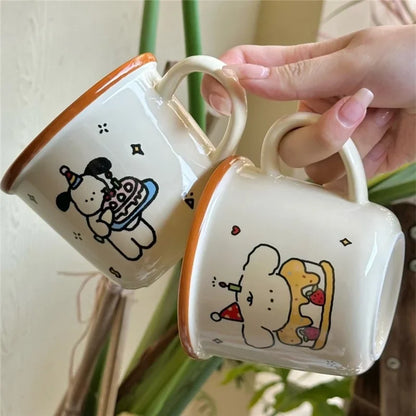 1Pcs Ins Cute Happy Bear Ceramic Mug Kawaii White Puppy Cartoon Coffee Mug Fashion Vintage Afternoon Tea Cup Pair Couple Gift