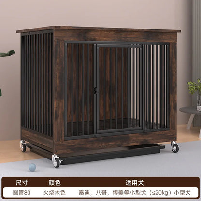 Reinforced Anti-Biting Dog Kennel Sturdy and Durable Wooden Round Pipe Dog Cage with Detachable Wheels Pet Bed