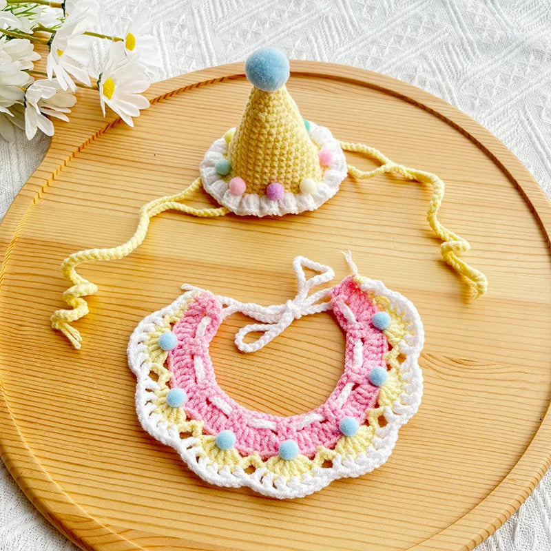 the CROCHET CANINE - Pet Dog/Cat Birthday Hat, Pet Party Dress Up, Photo Decoration, Dog Neck Cute Handmade Set, Dog Accessories for Small Dogs/Puppy