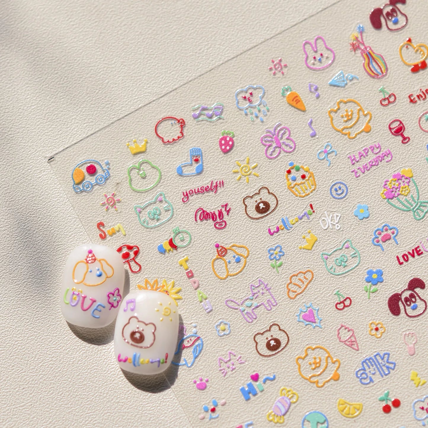 Graffiti Cat Claw Rabbit Bunny Bear Dog Flower Lovely Animal Fruit Dim Sum Candy Sunflower Adhesive 5D Nail Art Stickers Decal