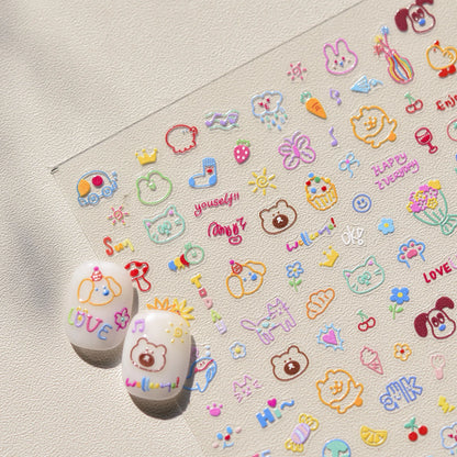 Graffiti Cat Claw Rabbit Bunny Bear Dog Flower Lovely Animal Fruit Dim Sum Candy Sunflower Adhesive 5D Nail Art Stickers Decal