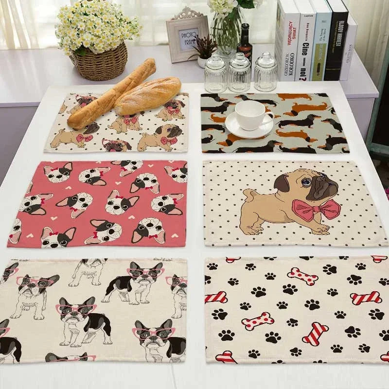 Pug Dog Pattern Cotton Linen Pad Dining Table Mats Coaster Bowl Cup Mat Pattern Kitchen Placemat 40*30cm Home Decor