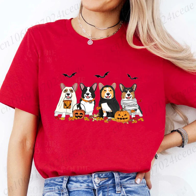 the COSTUME CANINES - Halloween Dog Fashion T-Shirt Tops, Women Harajuku Graphic Tees, Shirt Femme Corgi Dogs Halloween Women's T-Shirt