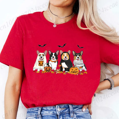 the COSTUME CANINES - Halloween Dog Fashion T-Shirt Tops, Women Harajuku Graphic Tees, Shirt Femme Corgi Dogs Halloween Women's T-Shirt