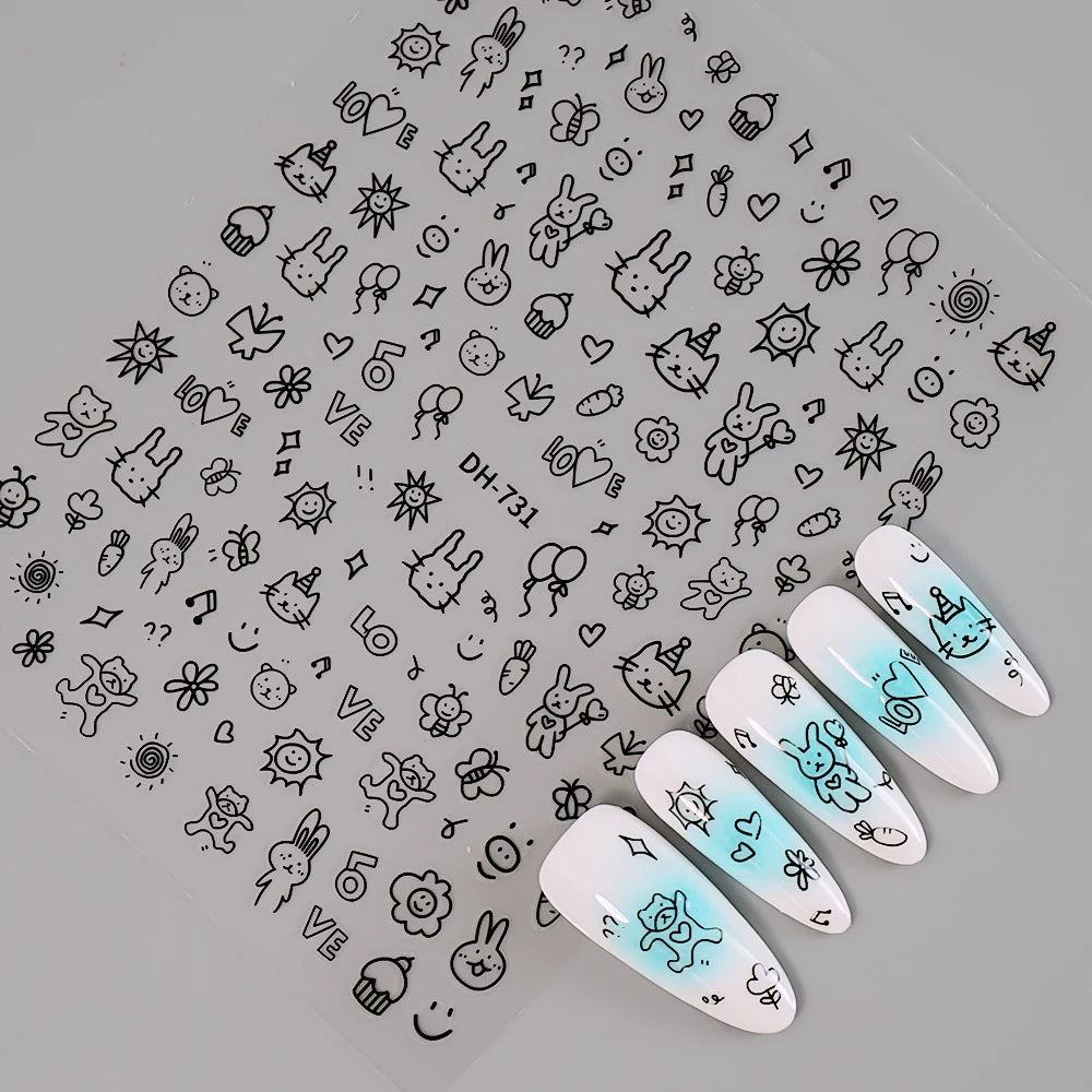 3D Flat Cute Cartoon Nail Stickers Doodle Cat Dog Heart Star Flower Nail Art Stickers Women DIY Manicure Decoration Decals