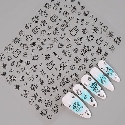 3D Flat Cute Cartoon Nail Stickers Doodle Cat Dog Heart Star Flower Nail Art Stickers Women DIY Manicure Decoration Decals