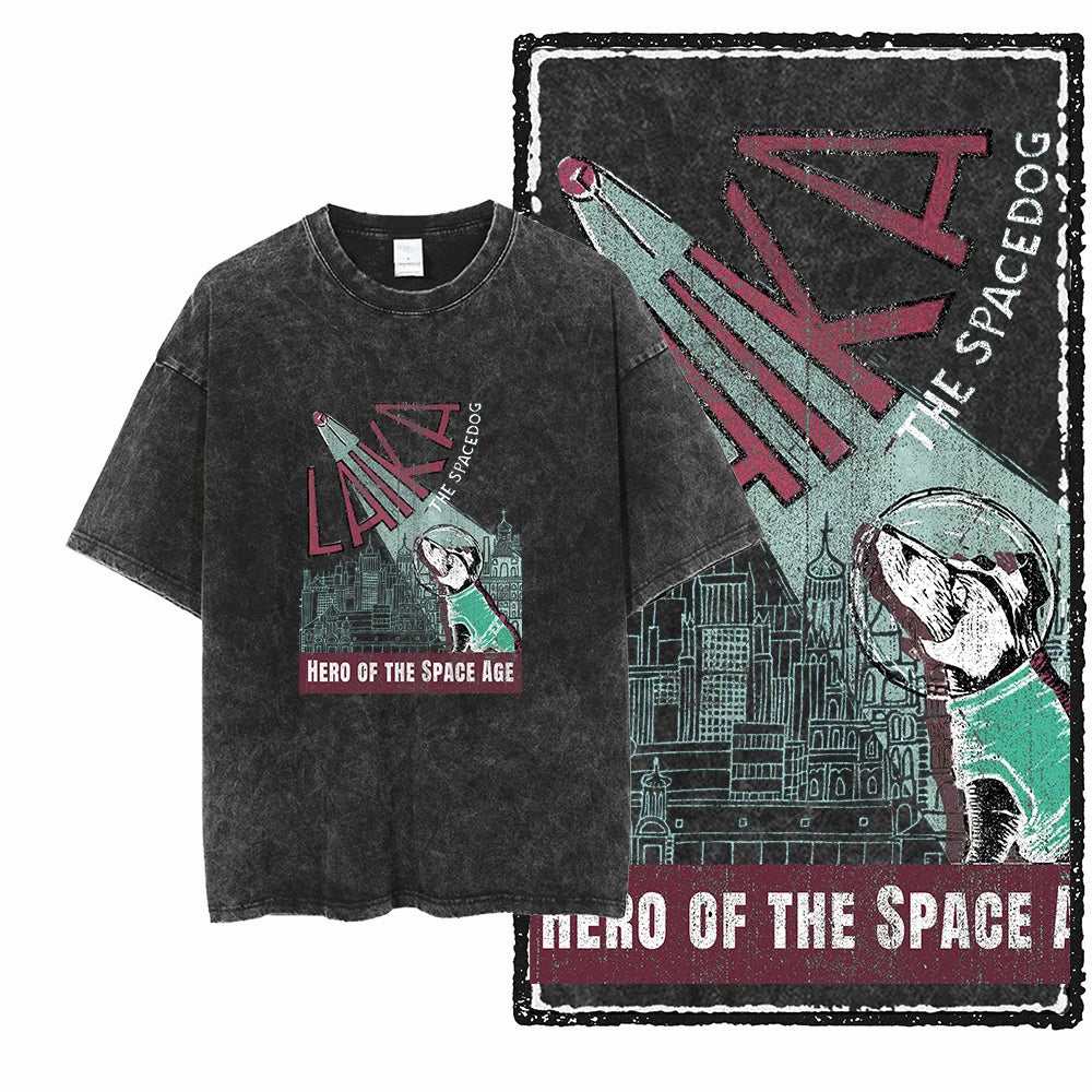 the SPACE TRAILBLAZER - DCA Laika Dog Printed Acid Washed Cotton Streetwear Exclusive Graphic Unisex T-Shirt, Cool Vintage Men T-Shirts