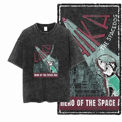 the SPACE TRAILBLAZER - DCA Laika Dog Printed Acid Washed Cotton Streetwear Exclusive Graphic Unisex T-Shirt, Cool Vintage Men T-Shirts