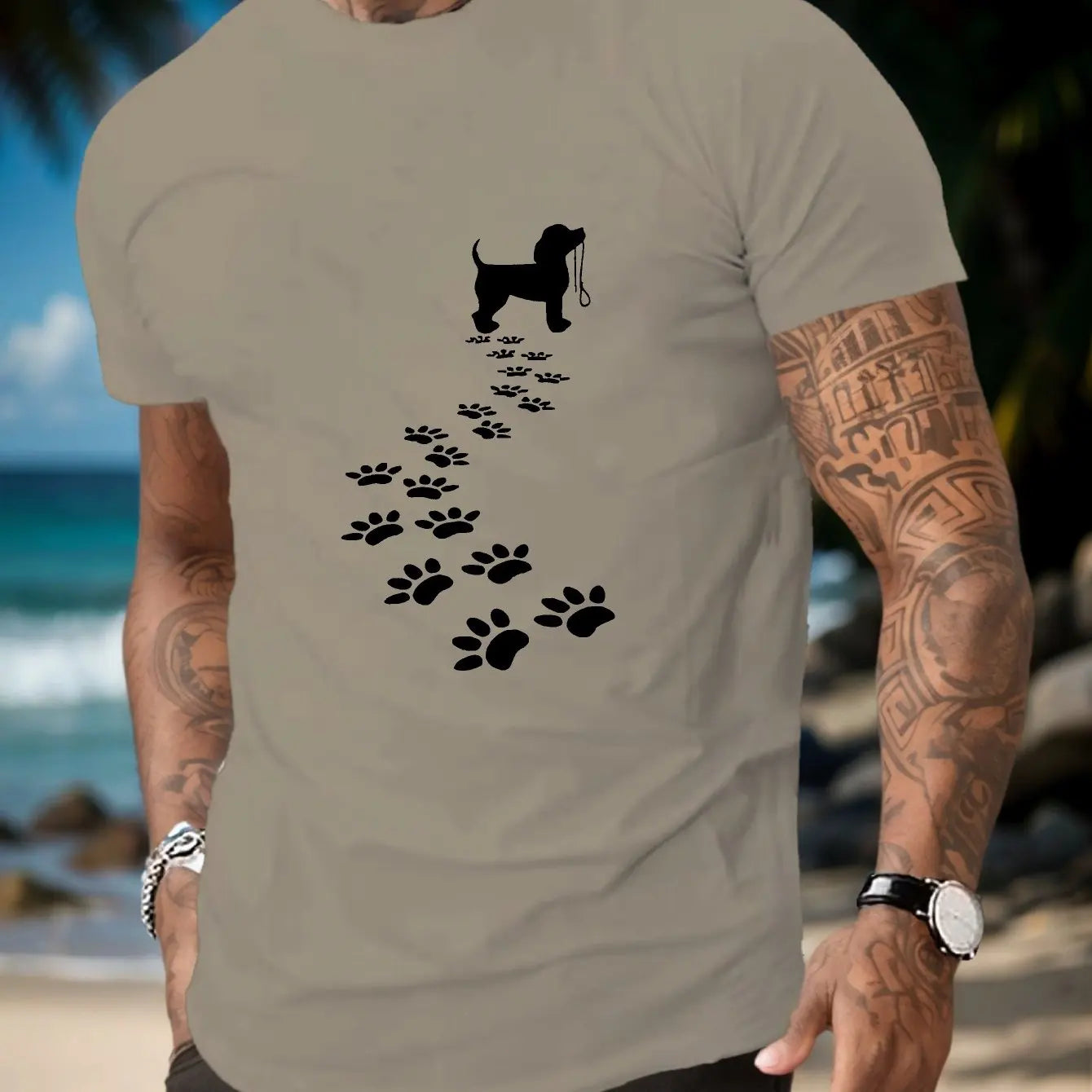 the WALK PLEASE -Men's Summer 100% Cotton Fashionable Casual Sports Loose Fit Dog Paw Print Round Neck Short Sleeved T-Shirt Top