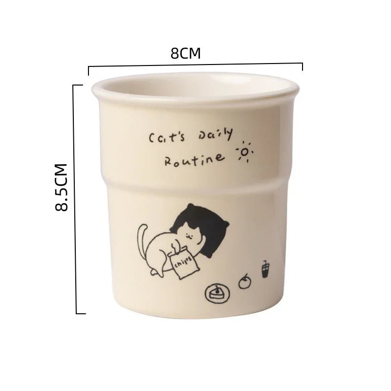 225ml High-quality Ceramic Mugs, Hand-held Cups,simple Cat Illustrations, Breakfast Milk Cups Family Afternoon Tea Cups As Gifts