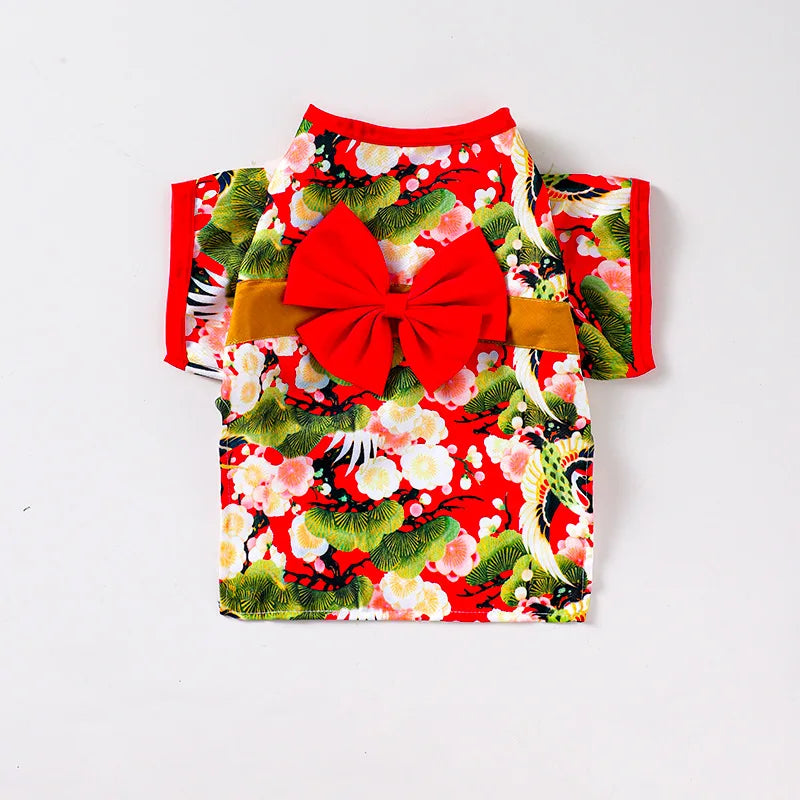 Adorable Brocade Pet Kimono Dress Japanese Style Pet Dress Floral Bowknot Pet Costume for Dogs Cats