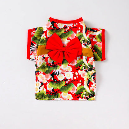 Adorable Brocade Pet Kimono Dress Japanese Style Pet Dress Floral Bowknot Pet Costume for Dogs Cats
