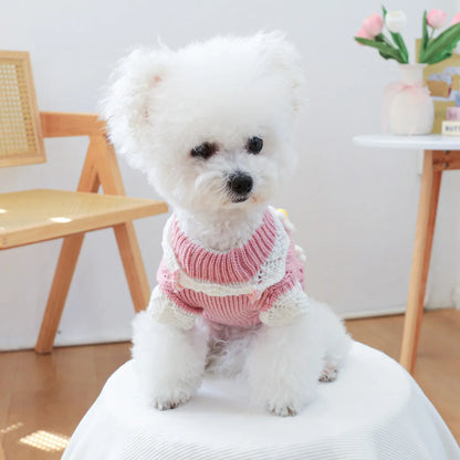 1PC Flower Sweater Pet Clothes Dog Cat Autumn Winter Thickened Warm Elastic Pink Pullover Knitted Sweater