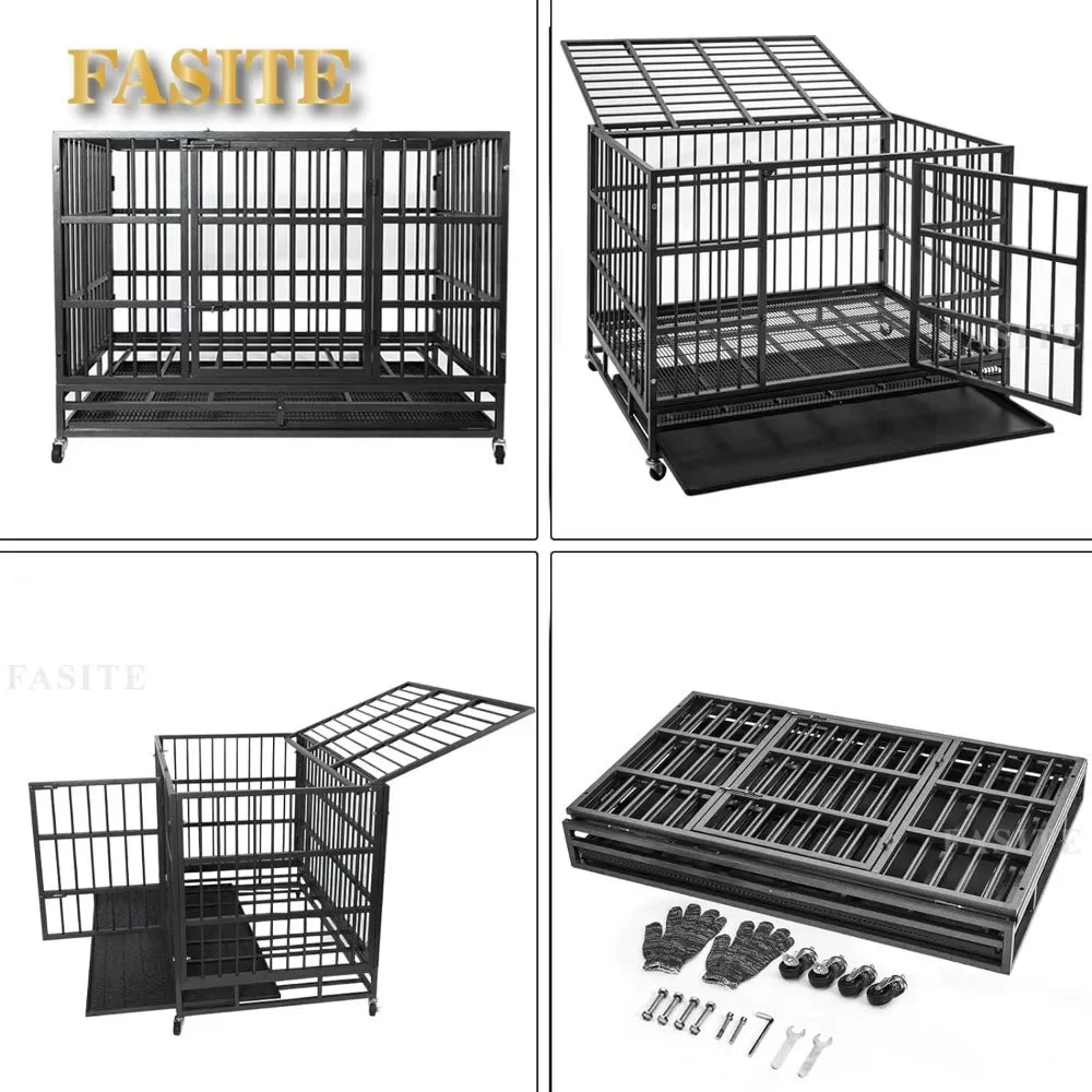 the IRON MAIDEN DOG CRATE - 48/38 Inch Heavy Duty Dog Crate, Cage Kennel with Wheels, High Anxiety Indestructible, Sturdy Locks Design, Door and Removable