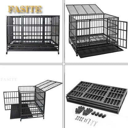 the IRON MAIDEN DOG CRATE - 48/38 Inch Heavy Duty Dog Crate, Cage Kennel with Wheels, High Anxiety Indestructible, Sturdy Locks Design, Door and Removable
