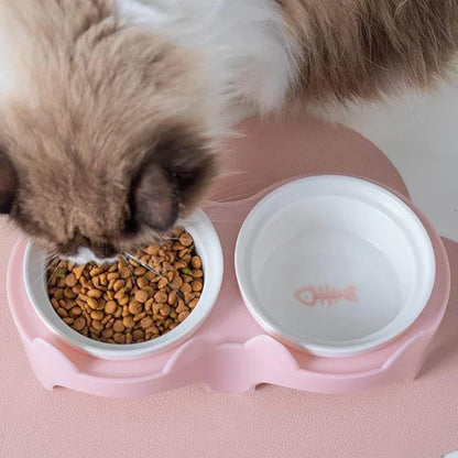 Cat Bowl Ceramic Double Bowl Water Bowl Cervical Protection High Foot Diagonal Cat Food Pot Drinking Pet Dish Pet Supplies