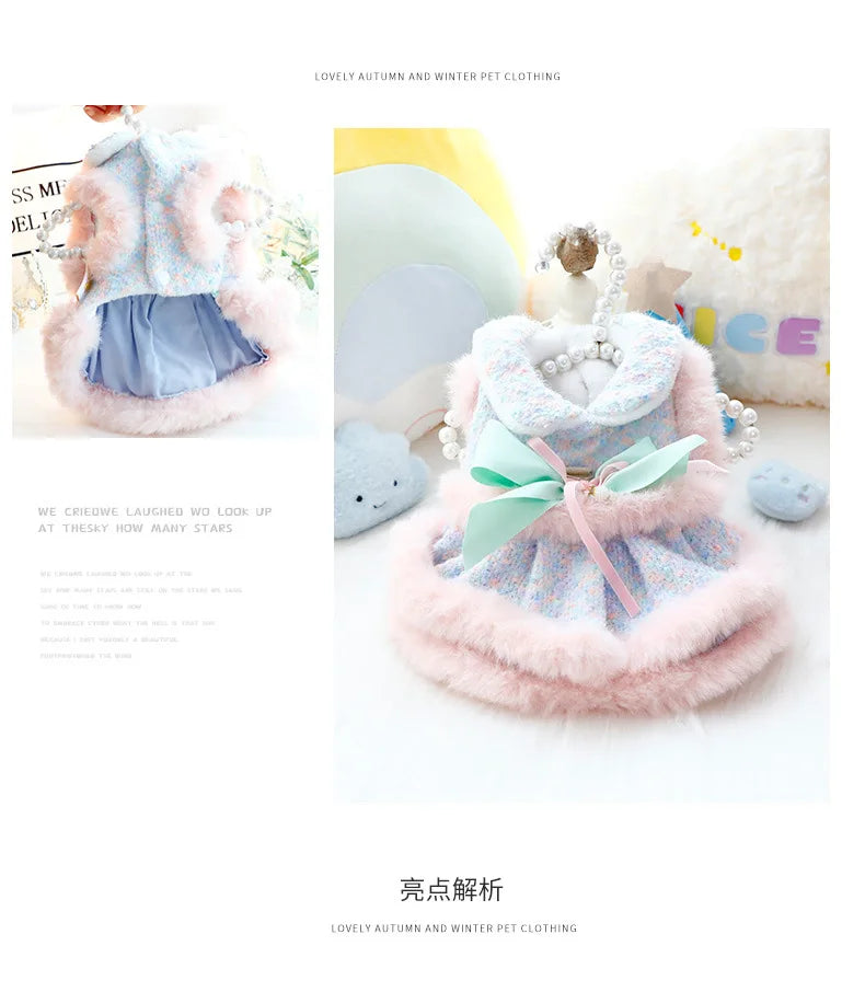 Dog Clothing Winter Thickened Cat Princess Dress Color Tow Dog Double-layer Skirt Fashion Design Warm Dog Coat