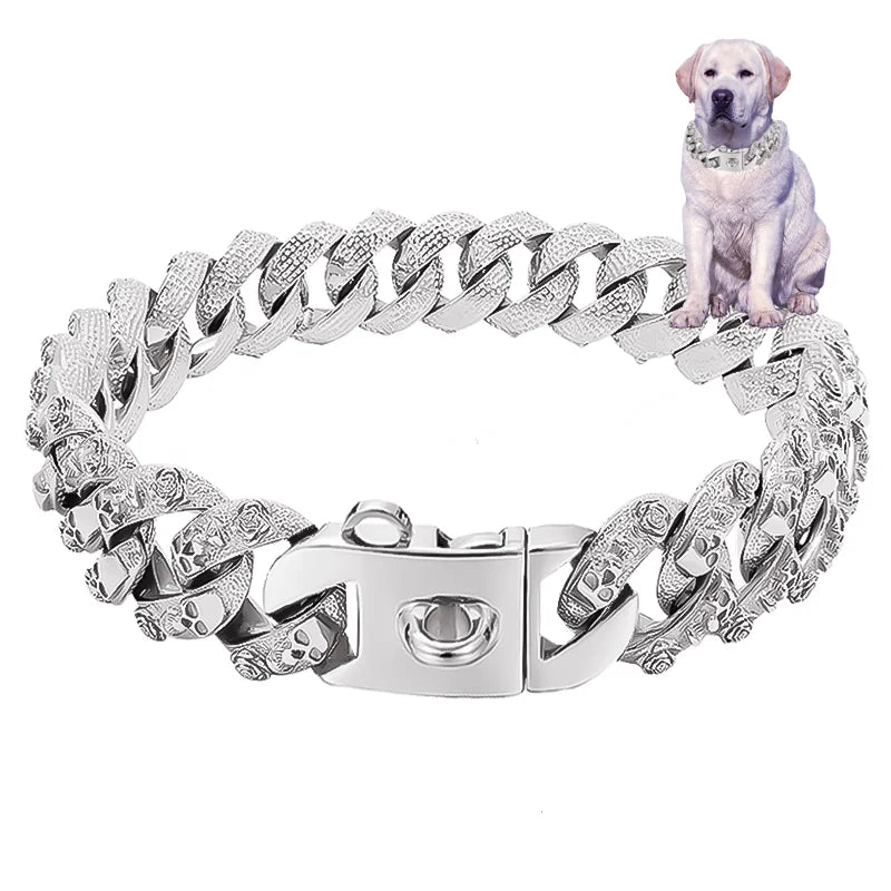 the ALPHALUX STEEL COLLAR - 32mm Gold Dog Collar - Stainless Steel Metal - Pet Choker Lead for Medium/Large Dogs, Pet Accessories, Labrador, Rottweiler