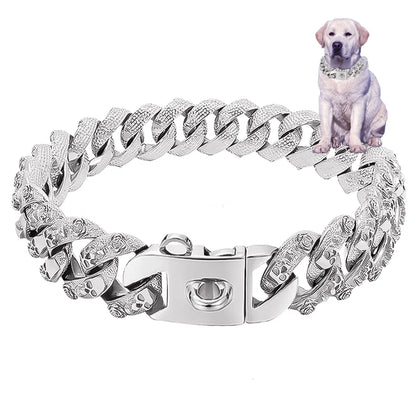 the ALPHALUX STEEL COLLAR - 32mm Gold Dog Collar - Stainless Steel Metal - Pet Choker Lead for Medium/Large Dogs, Pet Accessories, Labrador, Rottweiler