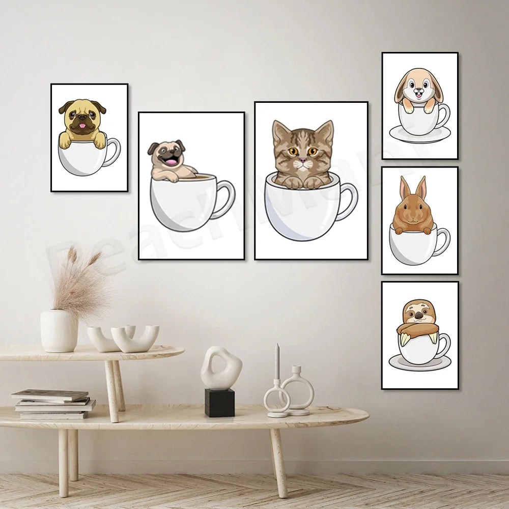 Cat in coffee mug, guinea pig, pug, rabbit, elephant, cat, mug animal canvas poster art picture home decor