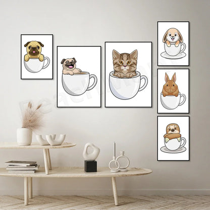Cat in coffee mug, guinea pig, pug, rabbit, elephant, cat, mug animal canvas poster art picture home decor