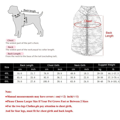 Winter Warm Big Dog Clothes Camouflage Sleeveless Pet Vest Jacket Windproof Large Dog Coat Zipper D-ring 4XL-6XL Puppy Outfits