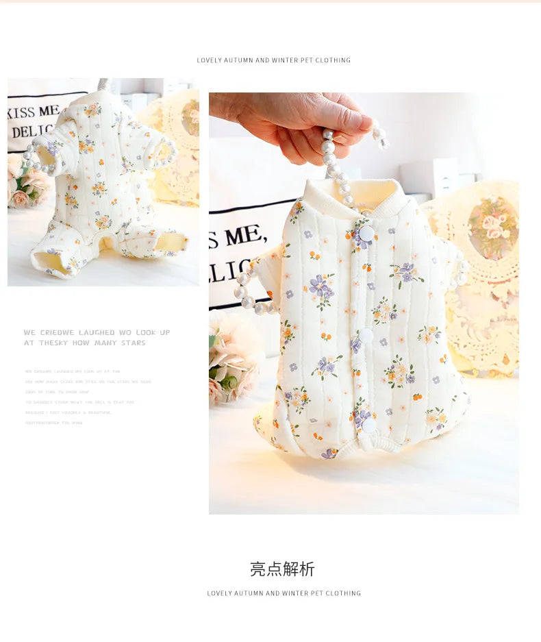 Dog Clothes Autumn and Winter Floral Double-layer To Protect The Belly Four Legged Small Dog Teddy Bear Pet Puppy Clothes