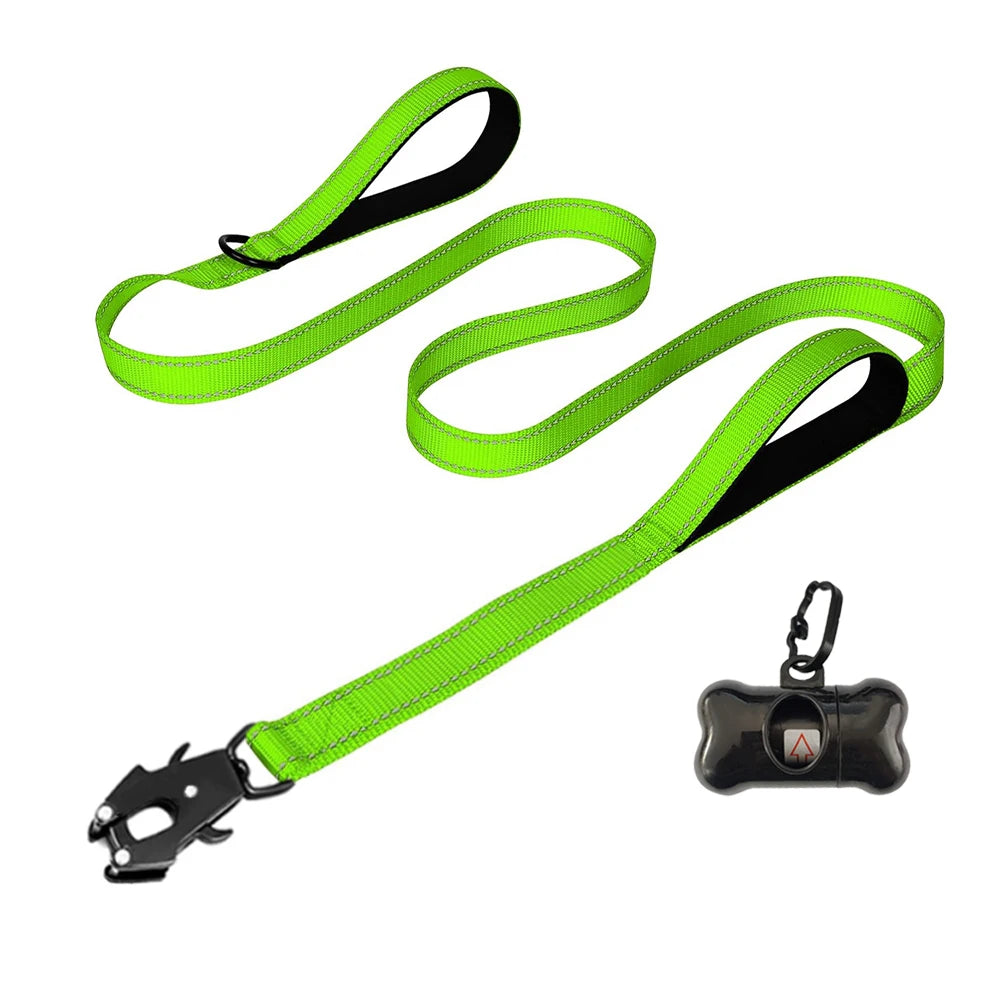 the COMMANDPRO REFLECTIVE LEASH - Heavy Duty Dog Leash - Nylon Reflective with Soft Padded 2 Handle & Auto Lock, Frog Clip, Outdoor Dog Leash with a Dog Poop Bag