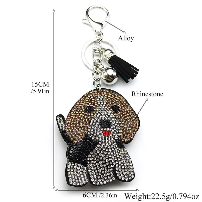 Lovely Beagle Doggie Keyholder For Women Men Full Crystal Blingbling Tassel Animal Bag Hanging Dog Pup Cute Keyring Jewelry