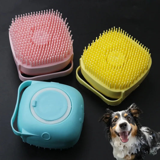 Dog Bathing Brush Pet Massage Brush Shampoo Dispenser Soft Silicone Brush Rubber Bristle for Dogs and Cats Shower Grooming Tool