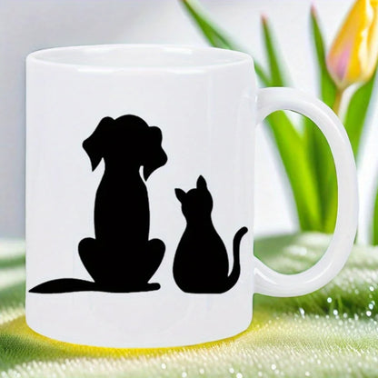 Cute Dog & Cat Silhouette Ceramic Mug - White Reusable Coffee Cup with Black Pet Design, Hand Wash Only, Perfect Gift for Pet Lo