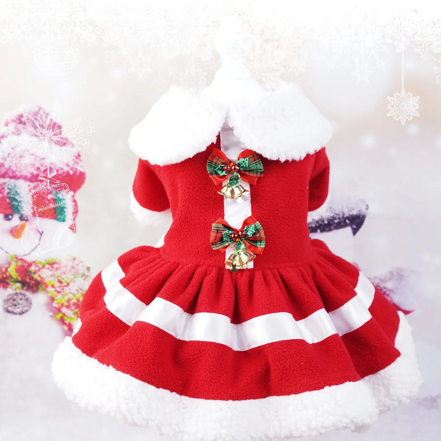 Dog Christmas Dress Doll Collar Thickening Comfortable Warm Cute Puppy Holiday Dress Costume with Bell for Party Cosplay