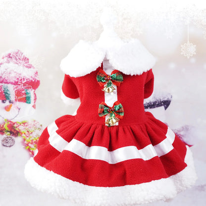 Dog Christmas Dress Doll Collar Thickening Comfortable Warm Cute Puppy Holiday Dress Costume with Bell for Party Cosplay