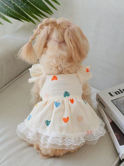 Pet Light Yellow Heart-shaped Little Fly Sleeve Dress Cat and Dog Four Season Vest Puppy Clothes Dog Dresses for Small Dogs